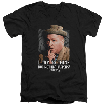 Black men's v-neck t-shirt with The Three Stooges Try To Think graphic