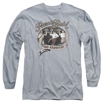 Athletic heather men's long sleeve t-shirt with The Three Stooges Fresh Fish graphic
