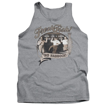 Athletic heather men's tank with The Three Stooges Fresh Fish graphic