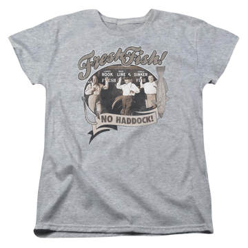 Athletic heather women's t-shirt with The Three Stooges Fresh Fish graphic