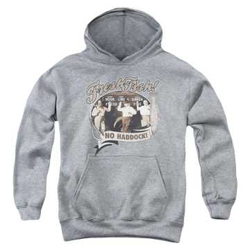 Athletic heather youth hoodie for ages 8 to 12 with The Three Stooges Fresh Fish graphic