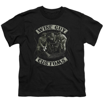 Black youth t-shirt for ages 8 to 12 with The Three Stooges Wise Guy Customs graphic