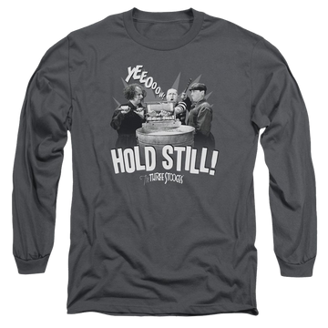 Charcoal men's long sleeve t-shirt with The Three Stooges Hold Still graphic