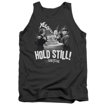 Charcoal men's tank with The Three Stooges Hold Still graphic