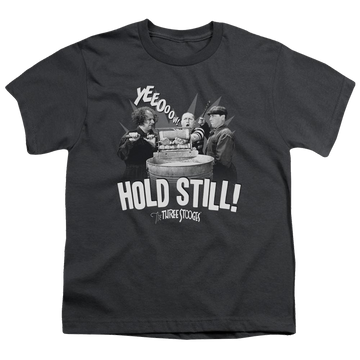Charcoal youth t-shirt for ages 8 to 12 with The Three Stooges Hold Still graphic