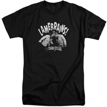 Black men's tall fit t-shirt with The Three Stooges Lamebrains graphic