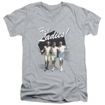 Athletic heather men's v-neck t-shirt with The Three Stooges Hey Ladies graphic