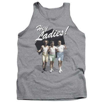 Athletic heather men's tank with The Three Stooges Hey Ladies graphic