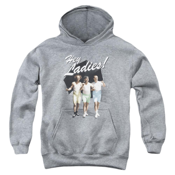 Athletic heather youth hoodie for ages 8 to 12 with The Three Stooges Hey Ladies graphic