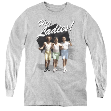 Athletic heather youth long sleeve t-shirt with The Three Stooges Hey Ladies graphic