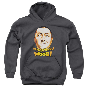 Charcoal youth hoodie for ages 8 to 12 with The Three Stooges Woob Woob graphic