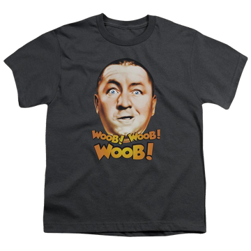 Charcoal youth t-shirt for ages 8 to 12 with The Three Stooges Woob Woob graphic
