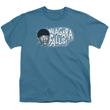 Slate youth t-shirt for ages 8 to 12 with The Three Stooges Niagara Falls graphic