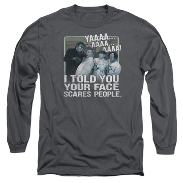 Charcoal men's long sleeve t-shirt with The Three Stooges Scares People graphic