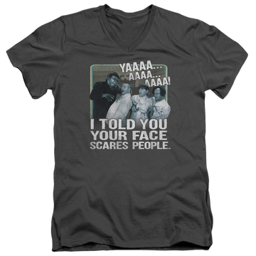 Charcoal men's v-neck t-shirt with The Three Stooges Scares People graphic