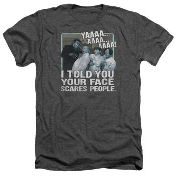 Charcoal men's heather t-shirt with The Three Stooges Scares People graphic