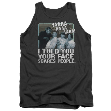 Charcoal men's tank with The Three Stooges Scares People graphic