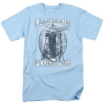 Light blue men's regular fit t-shirt with The Three Stooges Lamebrain Plumbing graphic