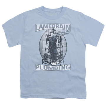 Light blue youth t-shirt for ages 8 to 12 with The Three Stooges Lanebrain Plumbing graphic