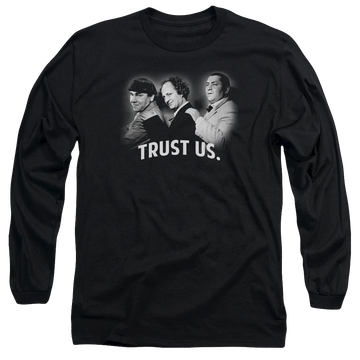 Black men's long sleeve t-shirt with The Three Stooges Turst Us graphic