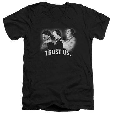 Black men's v-neck t-shirt with The Three Stooges Turst Us graphic