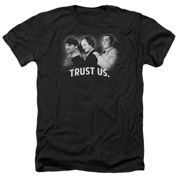 Charcoal men's heather t-shirt with The Three Stooges Turst Us graphic