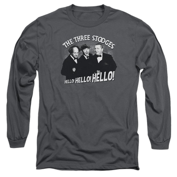 Charcoal men's long sleeve t-shirt with The Three Stooges Hello Again graphic