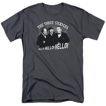 Charcoal men's regular fit t-shirt with The Three Stooges Hello Again graphic