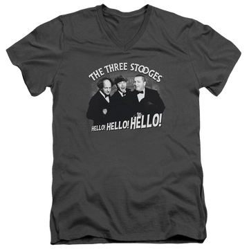 Charcoal men's v-neck t-shirt with The Three Stooges Hello Again graphic