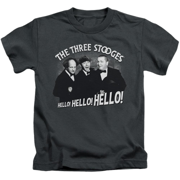 Charcoal kid's t-shirt for ages 4 to 7 with The Three Stooges Hello Again graphic
