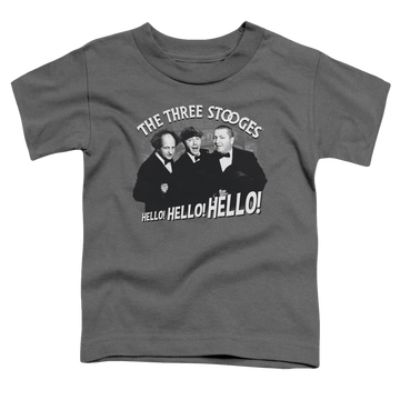 Charcoal toddler t-shirt with The Three Stooges Hello Again graphic