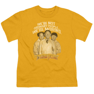 Gold youth t-shirt for ages 8 to 12 with The Three Stooges Morons graphic