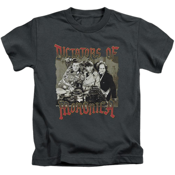 Charcoal kid's t-shirt for ages 4 to 7 with The Three Stooges Moronica graphic