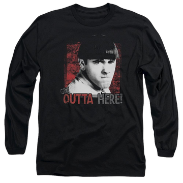 Black men's long sleeve t-shirt with The Three Stooges Get Outta Here graphic