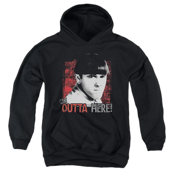Black youth hoodie for ages 8 to 12 with The Three Stooges Get Outta Here graphic