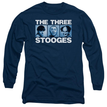 Navy men's long sleeve t-shirt with The Three Stooges Three Squares graphic