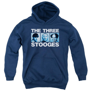 Navy youth hoodie for ages 8 to 12 with The Three Stooges Three Squares graphic