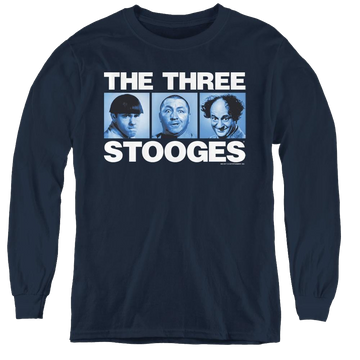 Navy youth long sleeve t-shirt with The Three Stooges Three Squares graphic