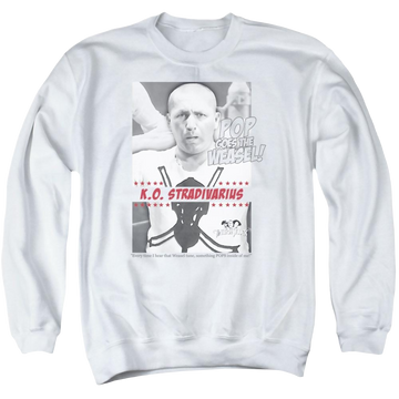 White men's crewneck sweatshirt with The Three Stooges Weasel graphic