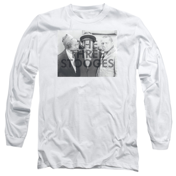 White men's long sleeve t-shirt with The Three Stooges Cutoff graphic
