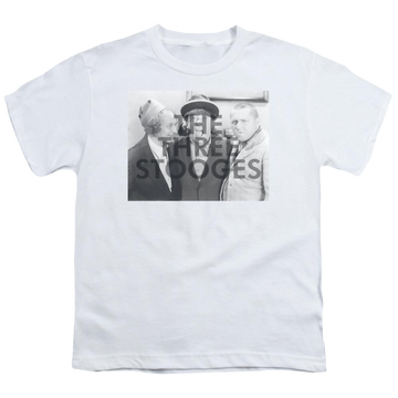 White youth t-shirt for ages 8 to 12 with The Three Stooges Cutoff graphic