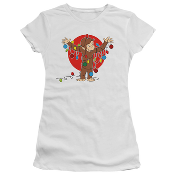 White juniors t-shirt with Curious George Lights graphic