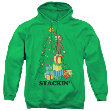 Kelly green pullover hoodie with Curious George Stackin graphic