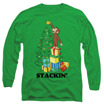Kelly green men's long sleeve t-shirt with Curious George Stackin graphic