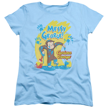 Light blue women's t-shirt with Curious George Messy George graphic