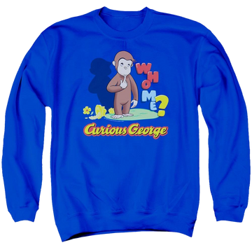 Royal men's crewneck sweatshirt with Curious George Who Me graphic
