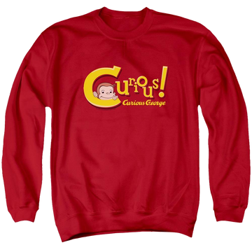 Red men's crewneck sweatshirt with Curious George Curious graphic