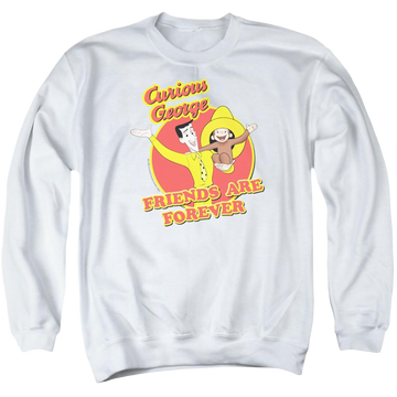 White men's crewneck sweatshirt with Curious George Friends graphic