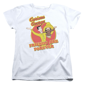 White women's t-shirt with Curious George Friends graphic