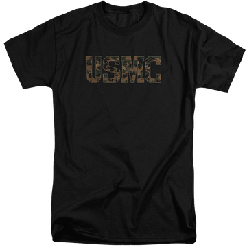 Black men's tall fit t-shirt with U.S. Marine Corps Usmc Camo Fill graphic